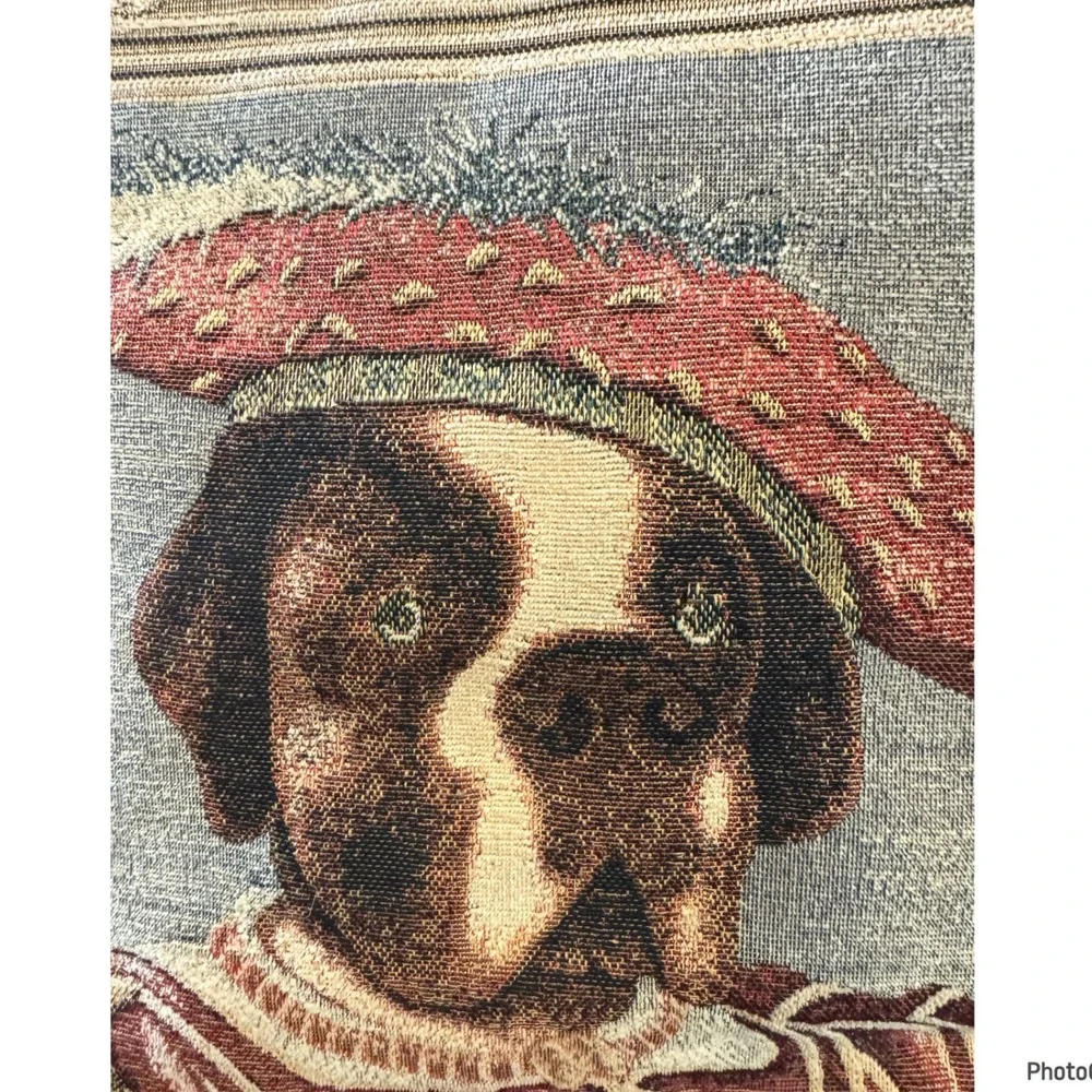 Vintage Ashford Court St Bernard Dog in Hat Jacquard Tapestry Pillow Green Noble